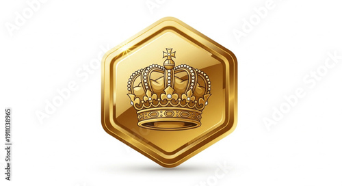Golden Crown Icon on Hexagon Badge.