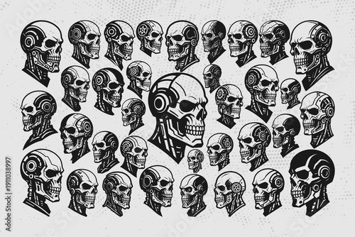 Cybernetic skulls in futuristic robotic designs for tech and gaming concepts