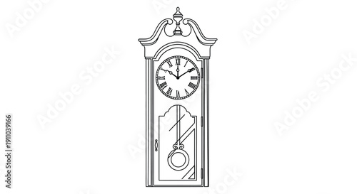 Line drawing of a tall ornate grandfather clock with a pendulum