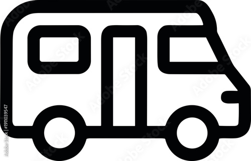 Simple line art icon of a camper van, symbolizing travel and adventure