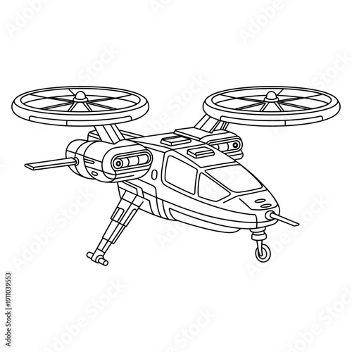 Futuristic dual rotor aircraft drawing isolated on transparent background with detailed mechanical components and sharp lines
