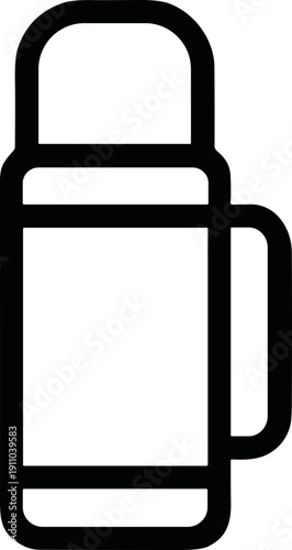 Simple black and white icon of a thermos flask with a handle for hot beverages