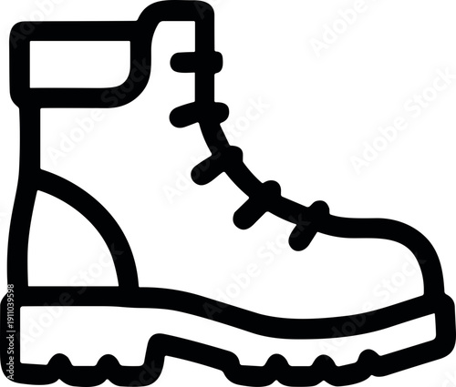 Simple line art icon of a sturdy hiking boot with laces and a thick sole
