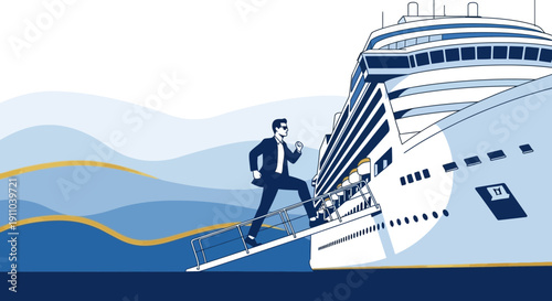 Man In Suit Embarks On Luxury Cruise Ship Adventure