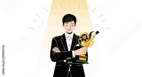 Man In Suit Holding A Golden Award Trophy With Film Reel And Paintbrush Symbol