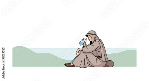 Man In Traditional Attire Quenches Thirst With Refreshing Water Bottle Outdoors