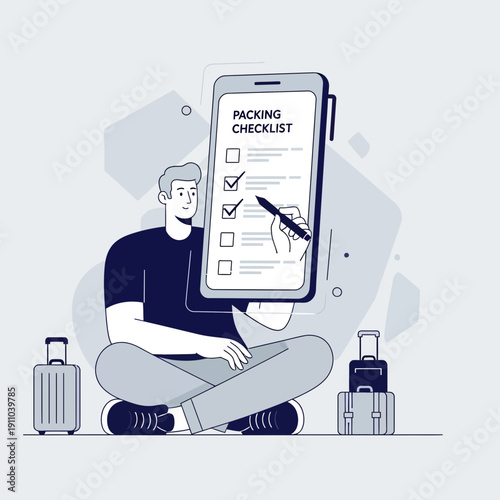 Man Planning Travel Vacation Using Digital Packing Checklist On Smartphone App
