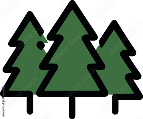 Stylized evergreen trees in a forest setting, simple flat design with bold outlines
