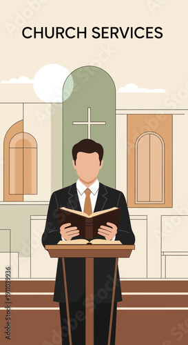 Man Preaching From Bible In Church Service Sanctuary Illustration
