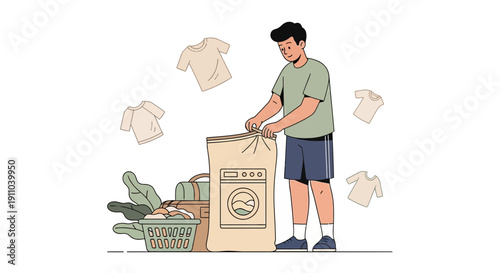 Man Prepares Laundry With T-Shirts Floating Around and Washing Machine Illustration