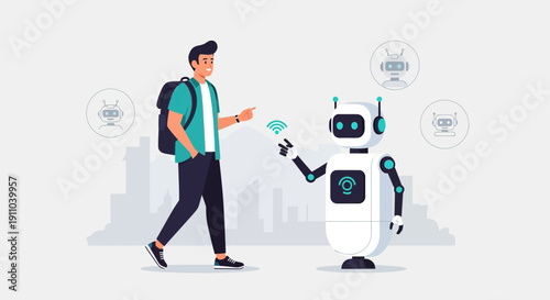 Man Interacting With Futuristic Robot With Wireless Connection In Urban Environment