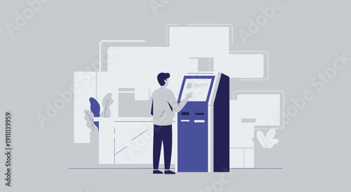 Man Interacting With Futuristic Self Service Kiosk Technology