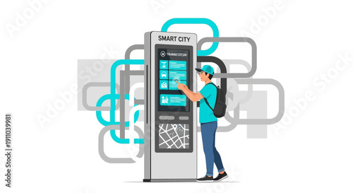 Man Interacting With Smart City Information Kiosk Featuring Transportation Options
