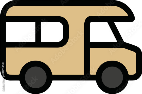 Simple cartoon illustration of a beige camper van with black outlines and wheels