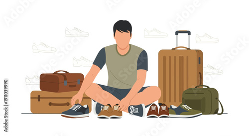 Man Preparing For Travel Surrounded By Luggage And Assorted Footwear