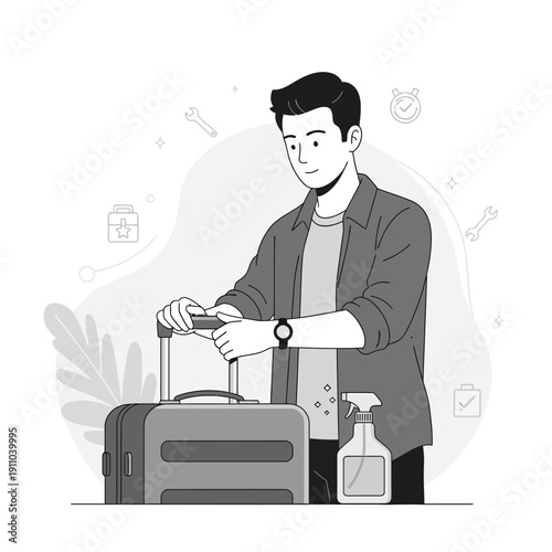 Man Preparing For Travel With Luggage And Sanitizer Bottle