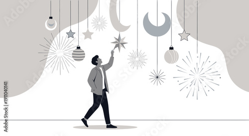 Man Reaching For Decorative Star Amidst Abstract Celestial Decorations Design
