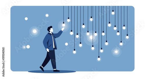 Man Reaching For Lightbulb Idea Concept With Blue Background And Glowing Orbs