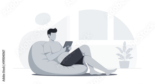 Man Lounging on Beanbag With Tablet, Modern Interior, Relaxation, Peaceful Moment