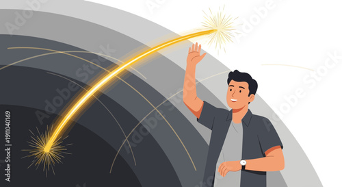 Man Reaching For Glowing Sparkle Trajectory Against Abstract Background