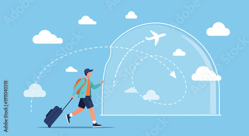 Man Traveling Inside Protective Bubble With Airplane Overhead Sky