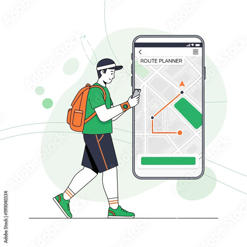 Man Navigating City Using Mobile Route Planner App For Travel And Exploration
