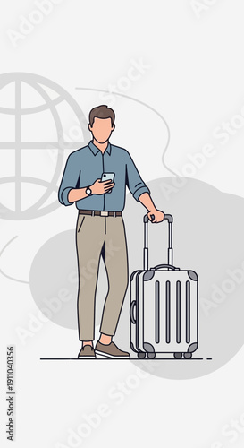 Man Traveling With Suitcase And Smartphone Planning Global Journey Adventure
