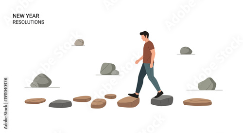 Man Navigating Stepping Stones Towards New Year's Resolutions Goals Achievement