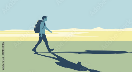 Man Trekking Solo Through Vast Open Landscape With Long Shadow