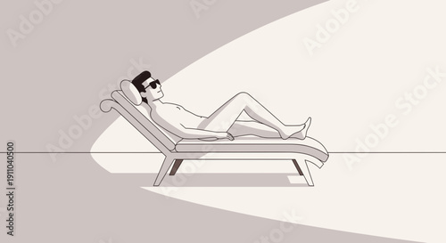 Man Relaxing On Lounge Chair Enjoying Sunlight And Solitude Minimalist Style