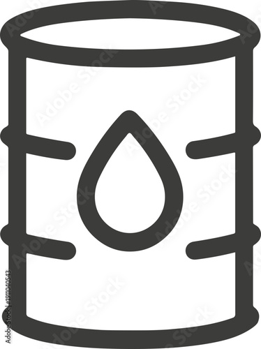 Simple line art icon of an oil barrel with a drop symbol inside, representing energy and industry