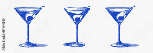 Martini cocktail glasses olives bar drink icons. Clean blue hand drawn style outlines isolated on background. Minimal vintage set for menu cards, labels or nightlife design.