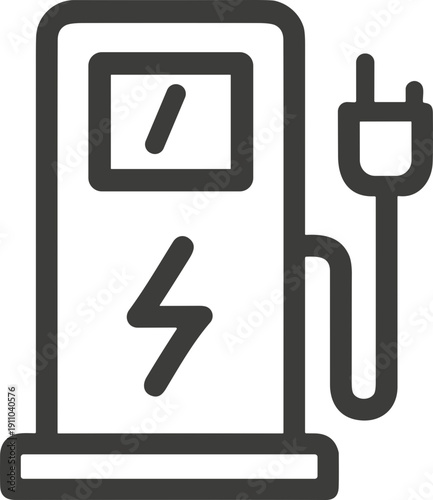 Minimal electric vehicle charging station icon with plug and lightning bolt line art symbol
