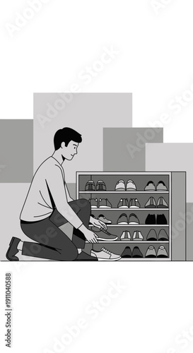 Man Organizing Footwear On Shelves In Modern Home