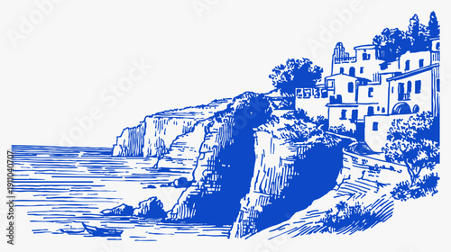 Sunny cliffside town crayon vintage sketch style drawing line. Blue ink illustration of mediterranean houses, road and sea with small boat. Charming travel landscape for posters, prints or decor.