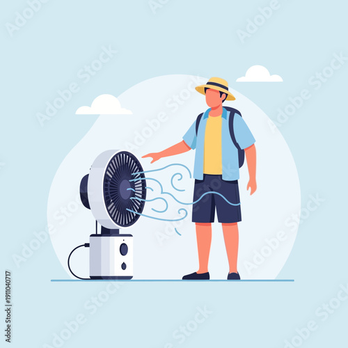 Man Seeking Relief From Extreme Heat With Portable Fan Outdoors