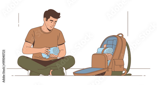 Man Packing Backpack With Rolled Towels For Essential Travel Gear Preparation