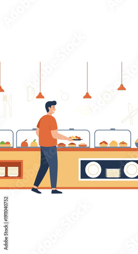 Man Selecting Food From A Buffet Restaurant Service Line