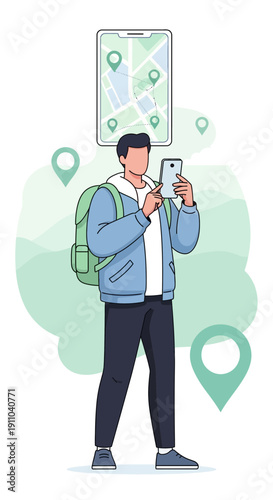 Man Using Smartphone For Navigation And Travel Planning Destination Discovery App