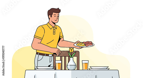 Man Serving Breakfast Featuring Eggs And Bacon With Orange Juice On Table