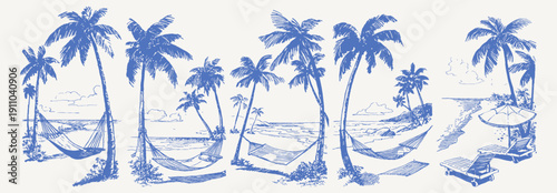 Palm hammock beach resort relax seaside set. Hand drawn crayon vintage sketch style drawing line art. Calm ocean scenes with sunbeds, umbrellas and tropical vacation atmosphere.
