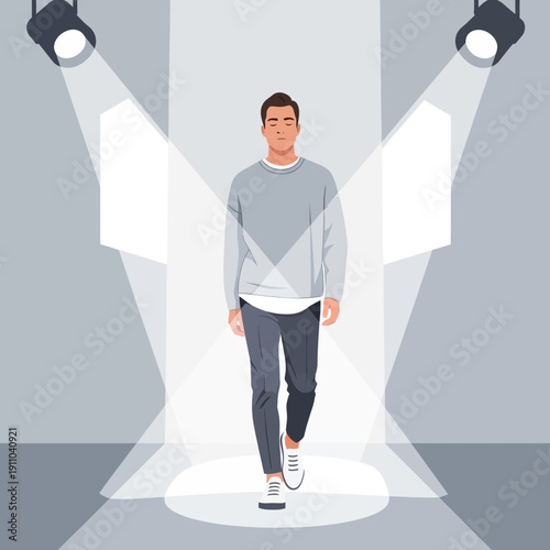 Man Walking Down Catwalk Under Bright Spotlight Illumination