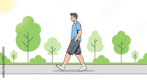 Man Walking In A Park Enjoying A Sunny Day And Nature