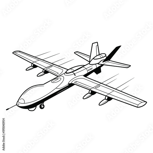 Stylized black and white illustration of a modern unmanned aerial vehicle in flight
