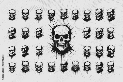 Tablou pe pânză Collection of grunge skulls in black and white for design