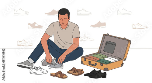 Man Packing Suitcase With Assorted Footwear And Clothing Options