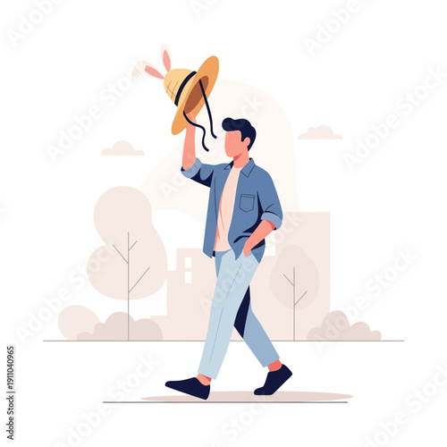 Man Walking Outdoors Holding Hat With Bunny Ears Festive Summer Style