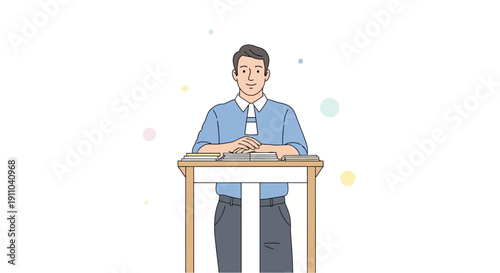 Man Speaking At Podium With Books Ready For Presentation