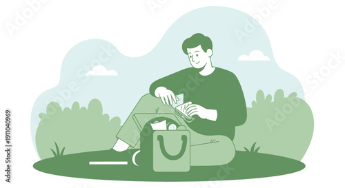 Man Sitting Outdoors With Lunch Bag And Phone