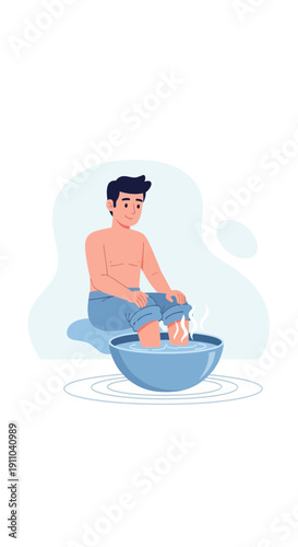 Man Soaking Feet In A Steaming Bowl For Relaxation And Wellness